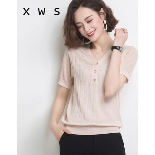 2020 basic v-neck solid summer Sweater Pullover Women Female Knitted sweater slim short sleeve badycon sweater cheap jumper