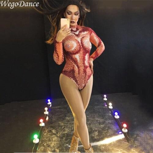 Shining Red Rhinestone Hollow Bodysuit Outfit Dance Wear Sparkling Party Costume Stage Clubwear Singer Leotard for Women