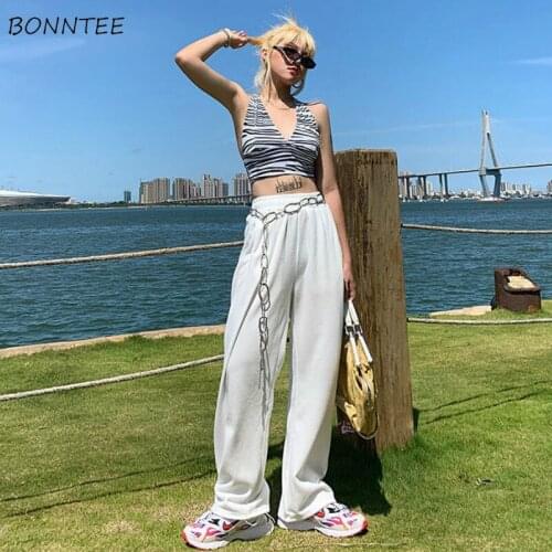 Wide Leg Casual Pants Women Full Length Solid Elastic Waist Loose Leisure Chic Hip Hop Soft Daily All-match Simple Korean Style