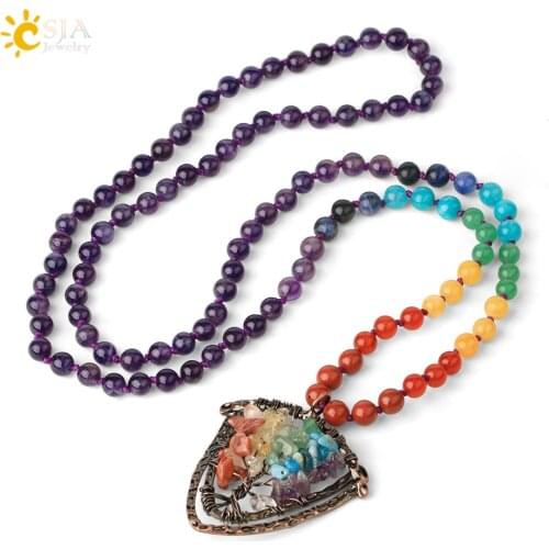 CSJA 108 Mala Bead Long Necklaces 7 Chakra Natural Stone Knotted Sweater Chain Life Tree Shield Pendants for Female Jewelry G451