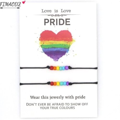 FIMAODZ Boho Rainbow Pride Wish Bracelet Love Is Love Gay Pride LGBT Charm Card Bracelets Handmade Bangles for Men Women
