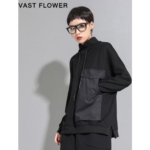 Contrast Color Pocket Patchwork T-Shirt Women High Collar Long Sleeve Fashion Loose Casual Tshirt Clothes Spring Autumn 2021