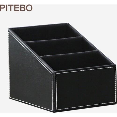 PITEBO 3 slot leather desk remote controller home sundries storage box display presentation organizer case holder black