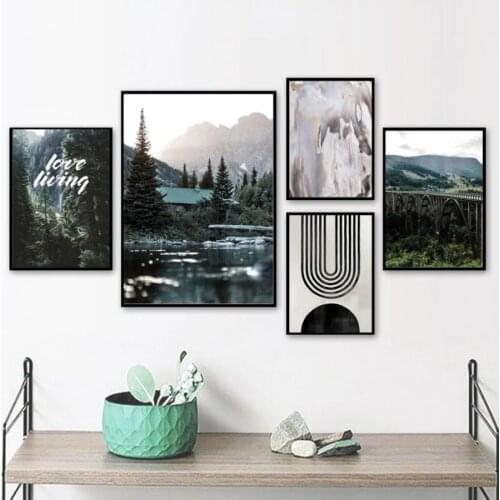 Minimalist Wall Pictures Green Mountain Forest Marble Curve Line Beige Wall Art Canvas Painting Nordic Posters Prints Home Decor