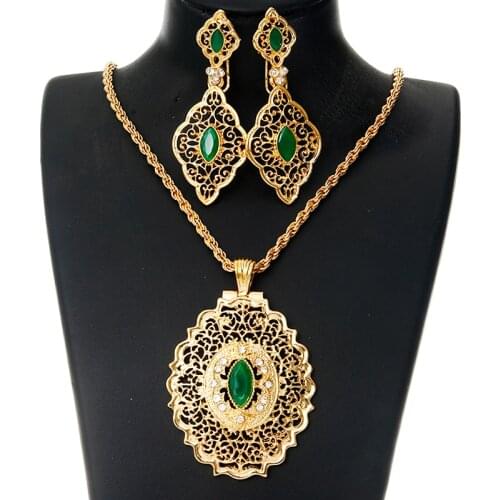 Oval Shape Gold Pendant Earring Set Morocco Style Luxury Necklace Set for Bridal Muslim Wedding Jewelry Women Necklace