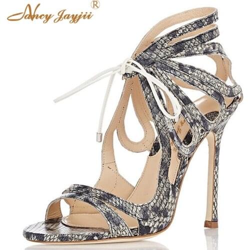 Nancyjayjii Grey Snakeskin Pleather Summer Women Fashion Shoes Open Toe Lace-Up Sexy 12CM High Heels Female Sandals Rope Size 16