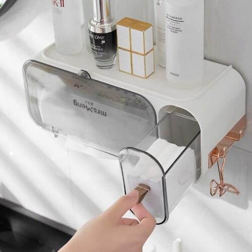 Wall Mount Toilet Paper Holder Waterproof Storage Towel Bathroom Tissue Paper Storage Box Rack Makeup Removal Cotton Draw Box