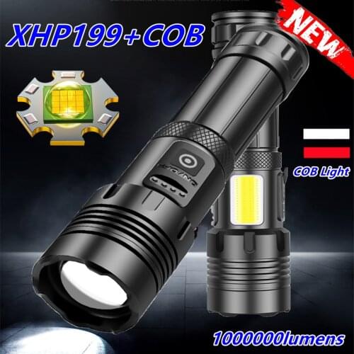 Newest XHP199 COB Powerful LED Flashlight USB Rechargeable Portable Zoom Torch IP65 Waterproof Tactical Flash Lamp Headlight