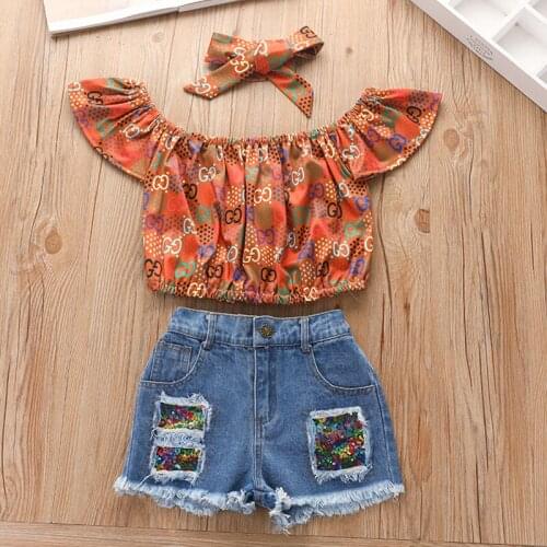 2021 New Print Pullover Denim Shorts European And American Summer Three Piece Childrens Wear Girls Hot Pants Set