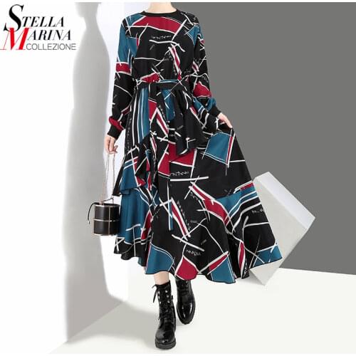 New Summer Woman Blue Printed Long Sleeve Ankle Length Irregular Dress With Sashes Ladies Stylish Party Robe Femme Style 3906