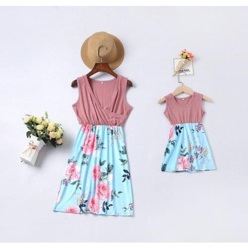 Mommy Me Mother Daughter Vest Dresses Child Spliced Splicing Wave Frenulum Printin Family Clothes Dress Summer Dress Clothing