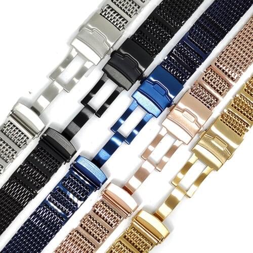 20/22/24mm HQ Shark Mesh Silver Stainless Steel Watchband Replacement Bracelet Men Folding Clasp with Safety Watch Band Strap