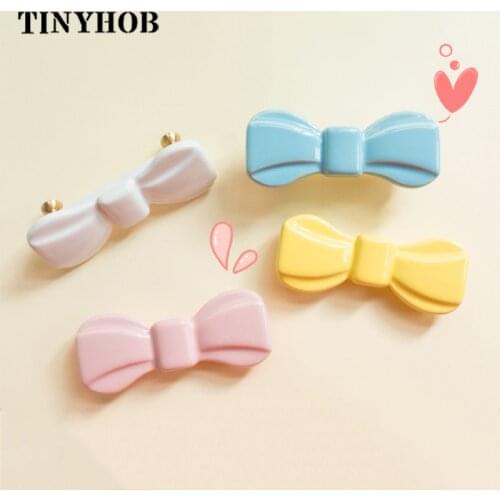 Pink Bowknot Childrens Cabinet Knobs Cartoon Ceramics Wardrobe Handles White Blue Yellow Desk Drawer Pulls Furniture Hardware