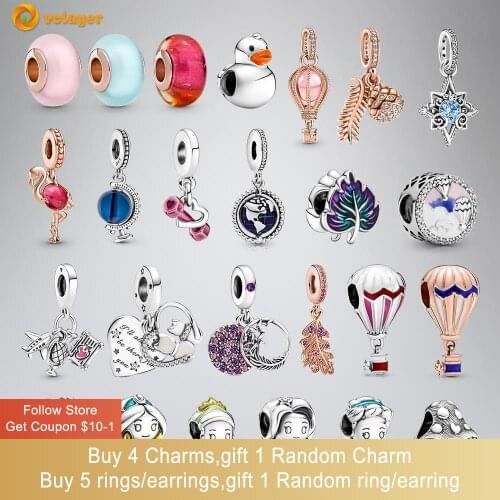 Volayer 925 Sterling Silver Murano Glass Flamingo Blue Hot Air Balloon Globe Charms fit Original Pandora Bracelets or Necklaces