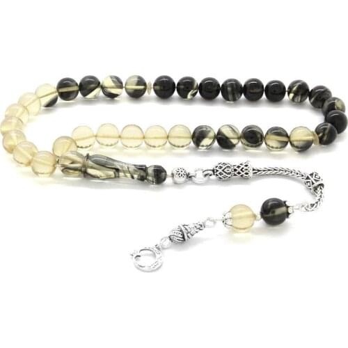 Tesbihane 925 Sterling Silver Tassels Sphere Cut Filtering Black Fire Amber Prayer Beads