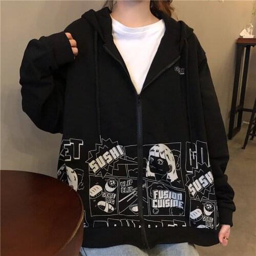 Spring Autumn Hoodie Women Loose Korean Version INS Style Thin Zipper Coat Anime Cartoon Print Jacket Black Streetwear Harajuku