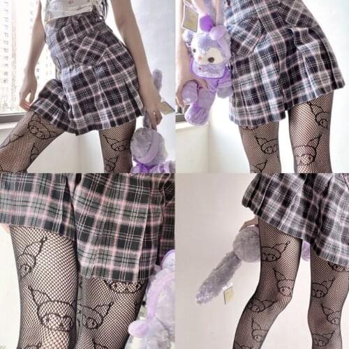 066C Japanese Anime Women Lolita Pantyhose Cartoon Devil Character Patterned Jacquard Tights Gothic Hollow Out Mesh Fishnet