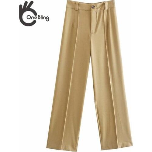 OneBling Za Woman 2021 Casual Traf Trousers Autumn Buttons High Waist Straight Leg Ankle Length Pants Female Career Pants