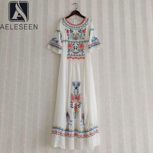 AELESEEN Runway Fashion Summer Embroidery Dress Wome Flare Sleeve White Flower Elegant Beach Holiday Party Long Dress