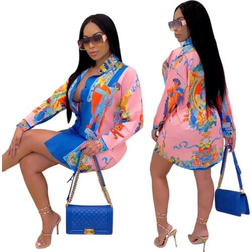 2021 Summer Long Sleeve Shirt Dress Female V-neck Y2K Printed Pink Loose Beach Sexy Party Casual Dress