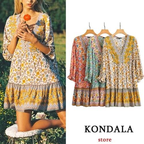 KONDALA Womens Dress Za Floral Print Vintage Cotton Mini Dress 2021 Fashion Bohemian Ruffles Holiday Dress Female Chic Vestidos