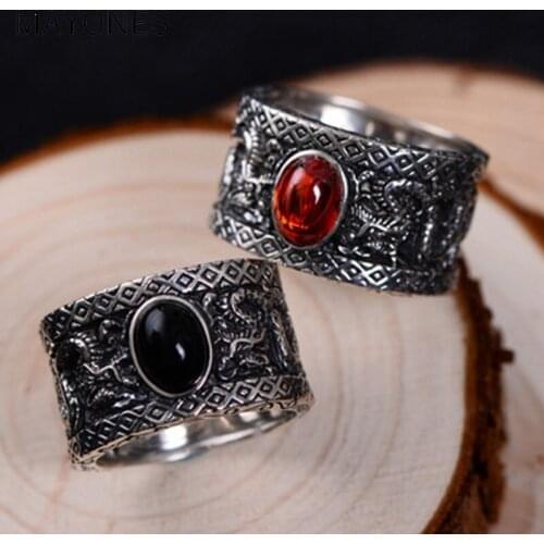 13mm Vintage Black 925 Sterling Silver Personalized Ring Jewelry Engraved Double Chinese Dragons for Men Size 8 9 10 11