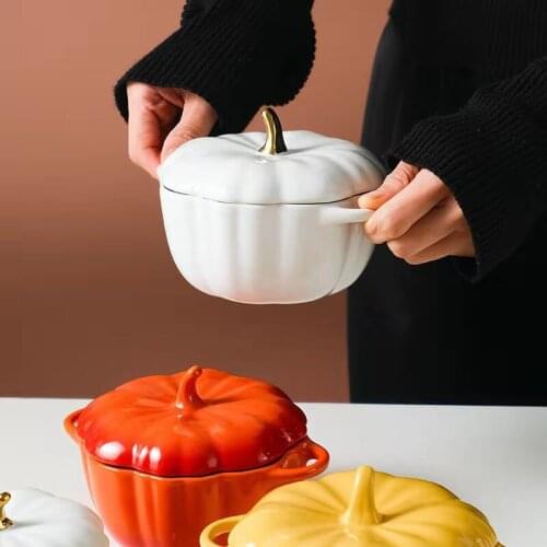 2021 New Ceramic Cute Pumpkin Bowl With Lid Home Creative Rice Western Dessert Fruit Bowl Restaurant Household Retro Dinnerware