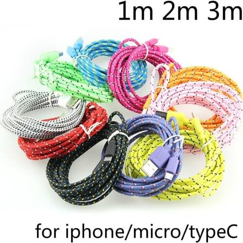 300pcs round fabric Braided Nylon Typec USB C type c Cable Charge Sync Data Charging Cable Cord 8pin for iPhone/v8 5pin 1m 2m 3m