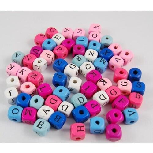 50pcs 10x10mm Color Cube Wood Beads Letters Square Wooden Loose Beads for Jewelry DIY Crafts Making