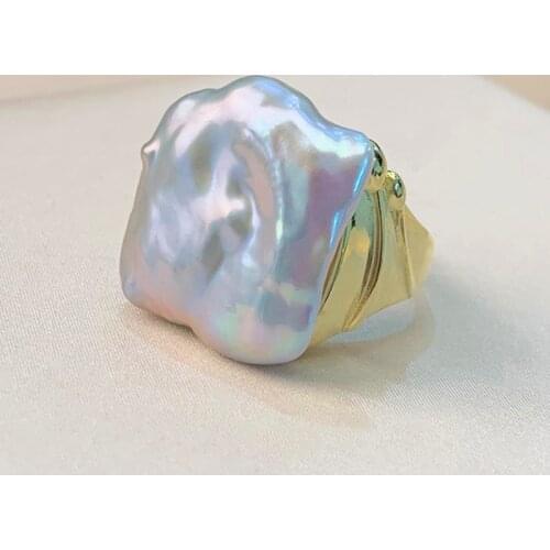 BaroqueOnly Natural freshwater baroque special-shaped pearl ring sterling silver 925 vintage style gray square pearl ring RN