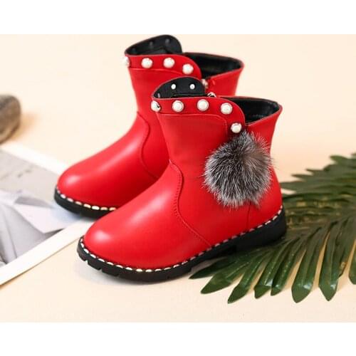 Girls Boots Kids Ankle Boots Warm Cotton Inside Childrens Snow Boots For Medium Big Girls Sweet Princess Pearls With Furry Ball