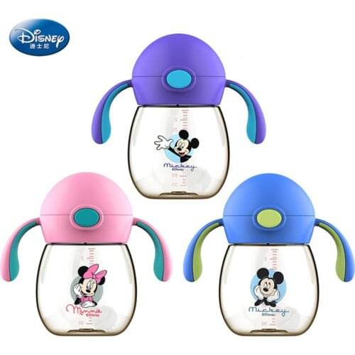 Disney 300ml Infant Feeding Bottle For Baby Children PPSU Cup With Handle Minnie Mickey Mouse Cup Straw For Drinking Water Train