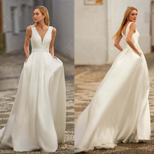 Cheap Satin Beach Wedding Dresses with Pocket V Neck Boho Bridal Gowns White Robe de Married 2021 Simple Bride Dresses