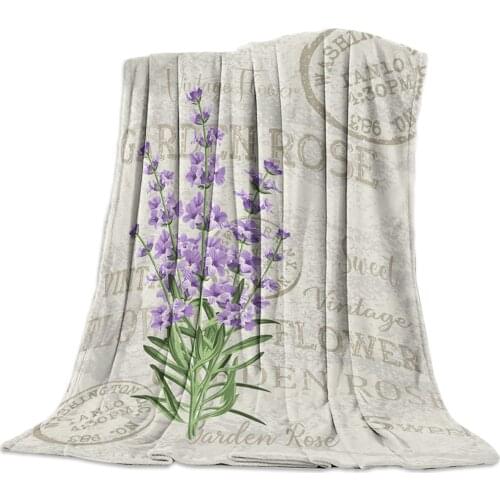 Purple Flowers Lavender Vintage Postcard Throw Blanket Portable Soft Sofa Blanket Warm Microfiber Flannel Blankets for Beds