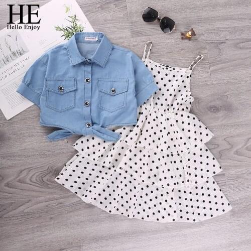 HE Hello Enjoy Teenagers Girls Clothing Sets 2020 Summer Dot Sling Princess Dress +Denim Blouse Clothes For Girl 8 10 12 Years