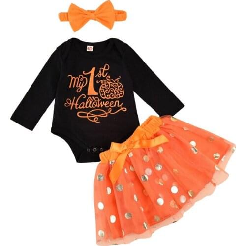 3 Pcs Baby Girls Halloween Outfits Long Sleeve O Neck Top Tutu Veil Skirts Headband Baby Infant Newborn Clothing Sets 0-3Y