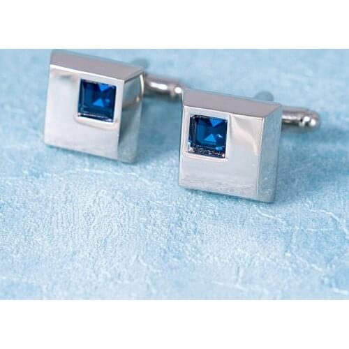 Fashion Mens French Shirt Cufflinks Silvery Square Shape Cuff Button Blue Crystal Jewelry For Wedding Business Party Gift