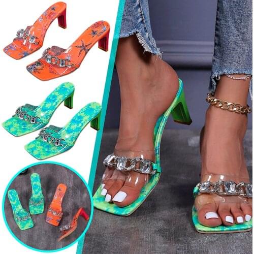 Sandalias Fashion Square Head High Heels Sandals Women Summer Shoes Metal Chain Printed Sandals Women босоножки женские 2021