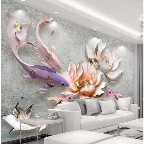 Bacal 3D wallpaper Embossed lotus fish retro fresh living room sofa TV wall photo home decor 3d wall mural wallpaper huda beauty