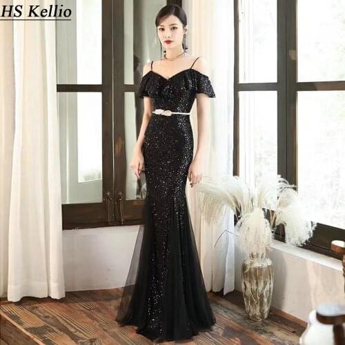 Celebrity-Dress 2020 Spaghetti Strap Sexy Mermaid Black Formal Evening Party Dresses With Belt