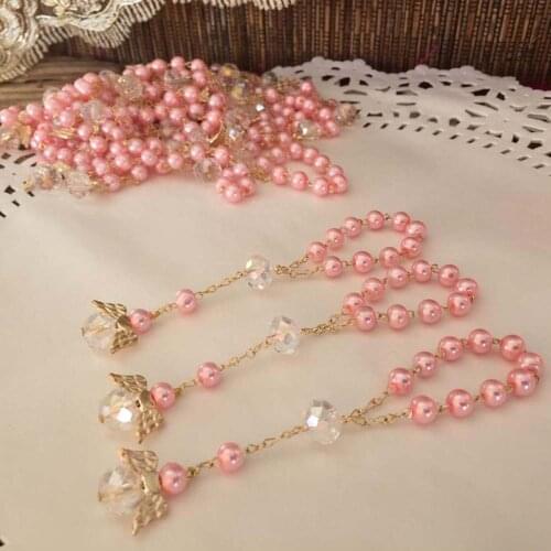 Baptism favors pink communion favors gold plated recuerdos para bautizo finger rosaries christening favors crystal pearls