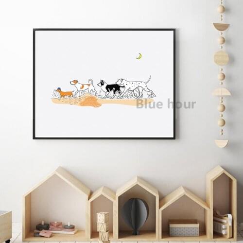 Dog Walking Poster Canvas Painting Nursery Wall Art Picture Pet Dogs Lover Gifts Nordic Cartoon Prints Kids Room Decoration
