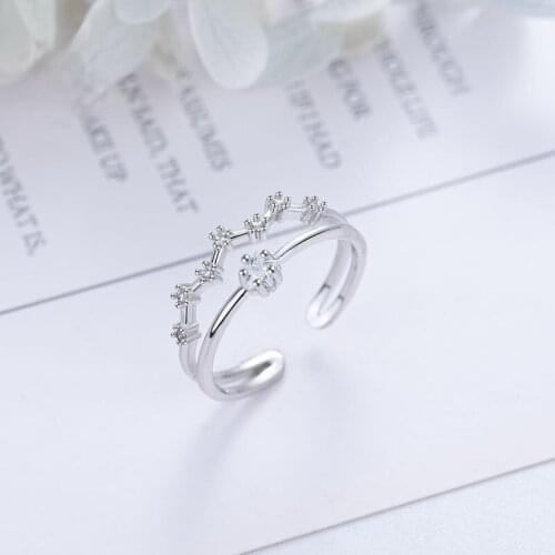 Silver Plated Simple CZ White Zircon Five Pointed Star Ring Fashion Girl Cross Opening Ring Charm Lady Wedding Party Jewelry