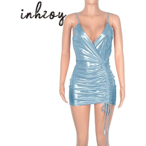 Sexy V Neck Mini Dress Women Shiny Metallic Summer Sleeveless Drawstring Backless Cocktail Party Dress Festival Rave Clubwear