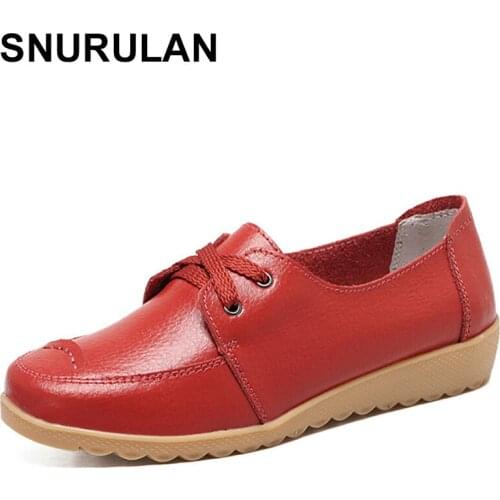 SNURULANWomen Casual Shoes Genuine Leather Lace up Moccains Round Toe Rubber Sole Boat Shoes Flats Women Retro Ballet Flat Shoes