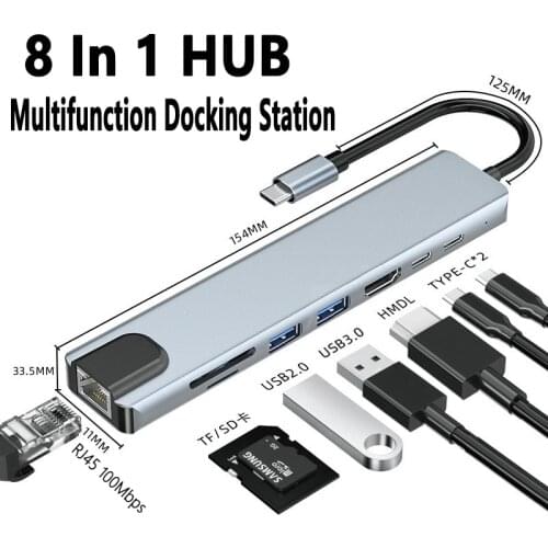 USB C Hub 8 in 1 Multiport Type C Adapter With 4K HDMI Port Ethernet 1000Mbps RJ45 Port USB-C Power Delivery TF/SD Card Reade