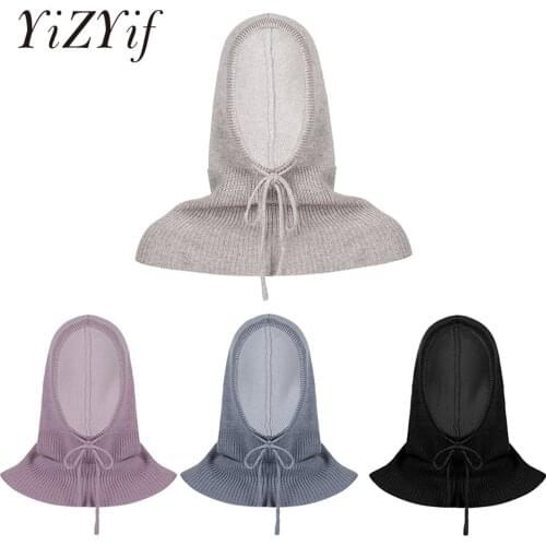 Unisex Knitted Cashmere Hooded Neck Collar Cap Head Drawstring Thick Beanie Men Women Solid Color Adjustable Elastic Hat