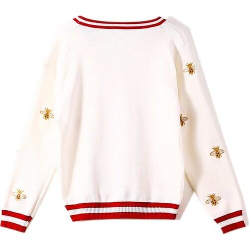 High Quality Fashion Designer Bee Embroidery Cardigan Long Sleeve Single Breasted Contrast Color Button Knitted Sweater
