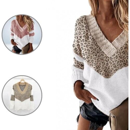 Leopard Pattern Autumn Winter Color Block V Neck Knitted Sweater for Gathering