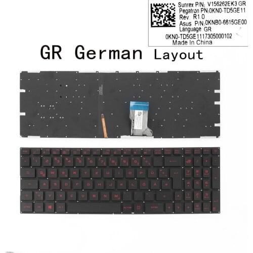 GR German For ASUS Rog GL502VM GL502VS GL502VT GL502VY GL702VS GL702V FX502VD FX502VM Replacement Keyboard Red Backlit No Frame